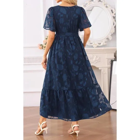 Plus Size Navy Blue V-Neck Maxi Dress for Wedding Guest Spring Summer